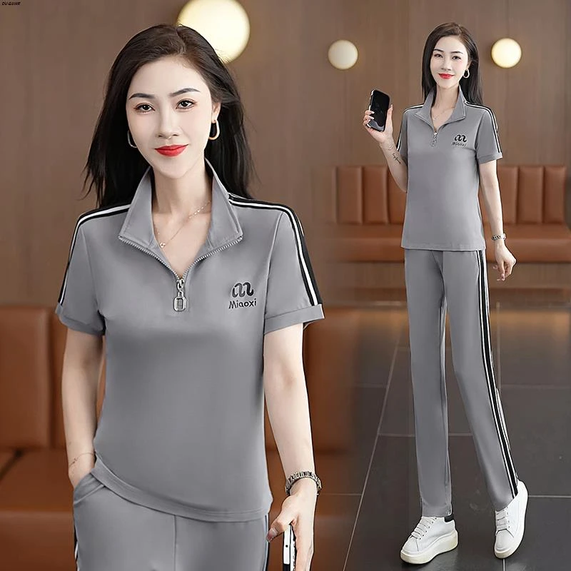 冰丝休闲运动套装女士夏季新款时尚减龄气质中年妈妈跑步短袖长裤