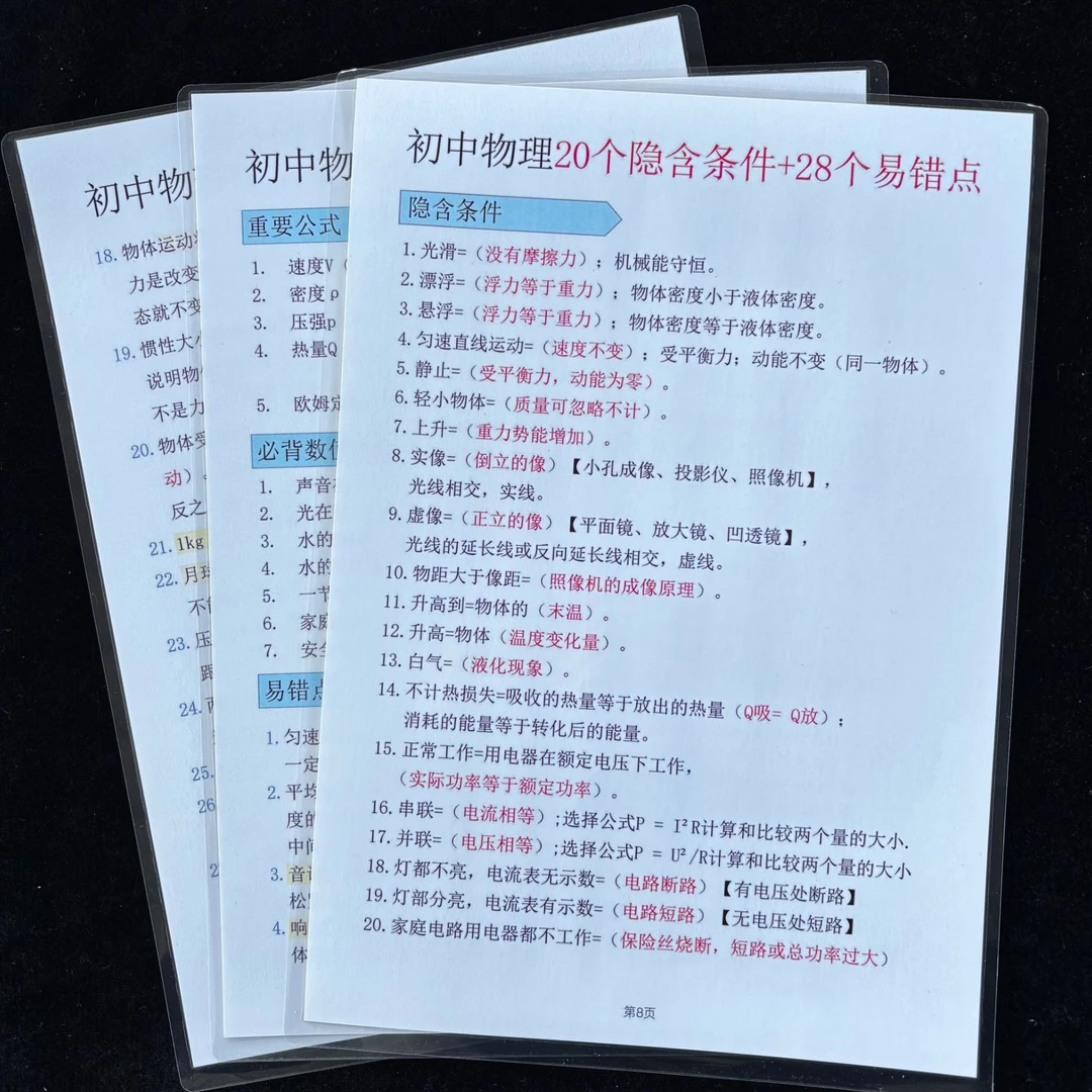 初中物理全册知识框架核心知识必背公式学霸备考复习提升训练卡