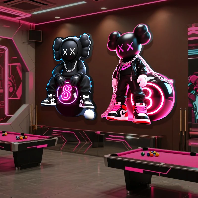 台球室装饰画LED发光挂画黑8台球俱乐部暴力熊KAWS斯诺克发光挂画