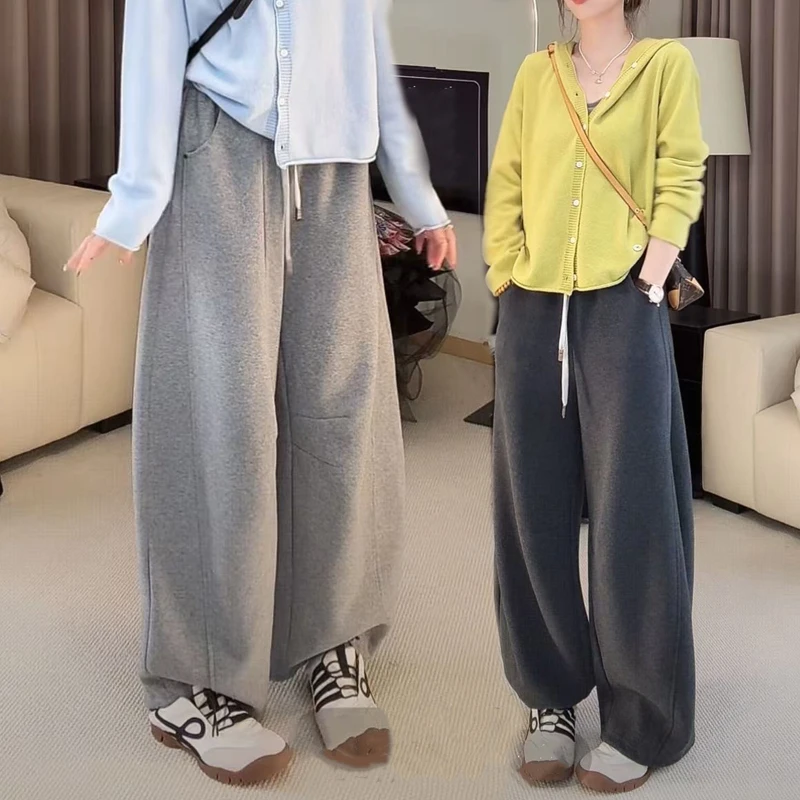 秋冬慵懒松弛感拼接抽绳卫裤女宽松两穿直筒阔腿裤垂感束脚休闲裤