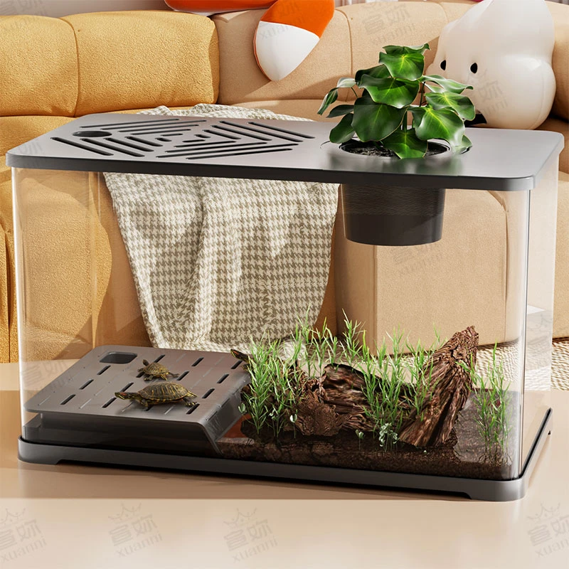 乌龟饲养缸家用养鱼专用箱带晒台带爬台别墅生态造景鱼缸带盖鱼缸