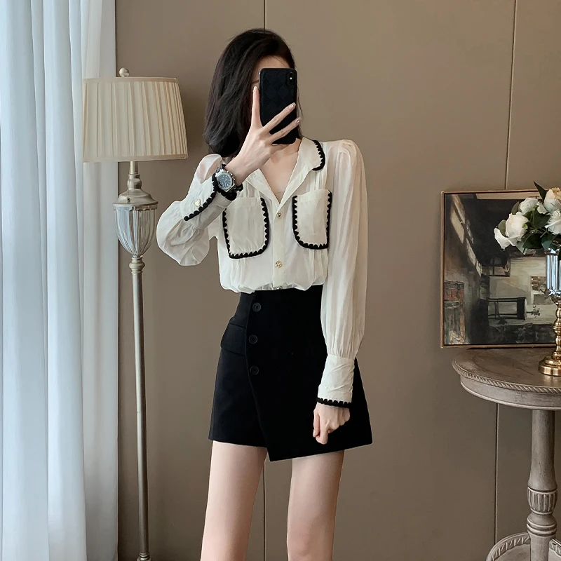 白色小香风衬衫女2025早春新款高端洋气别致高腰显瘦裙裤两件套潮