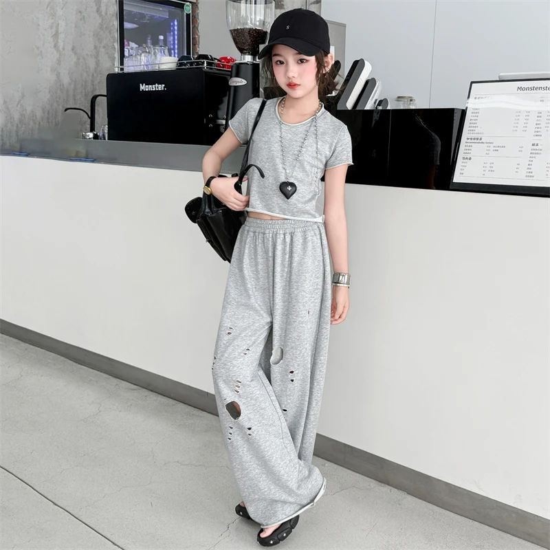 女孩夏季女童套装运动风中大儿童女孩薄款纯色潮酷时尚休闲两件套