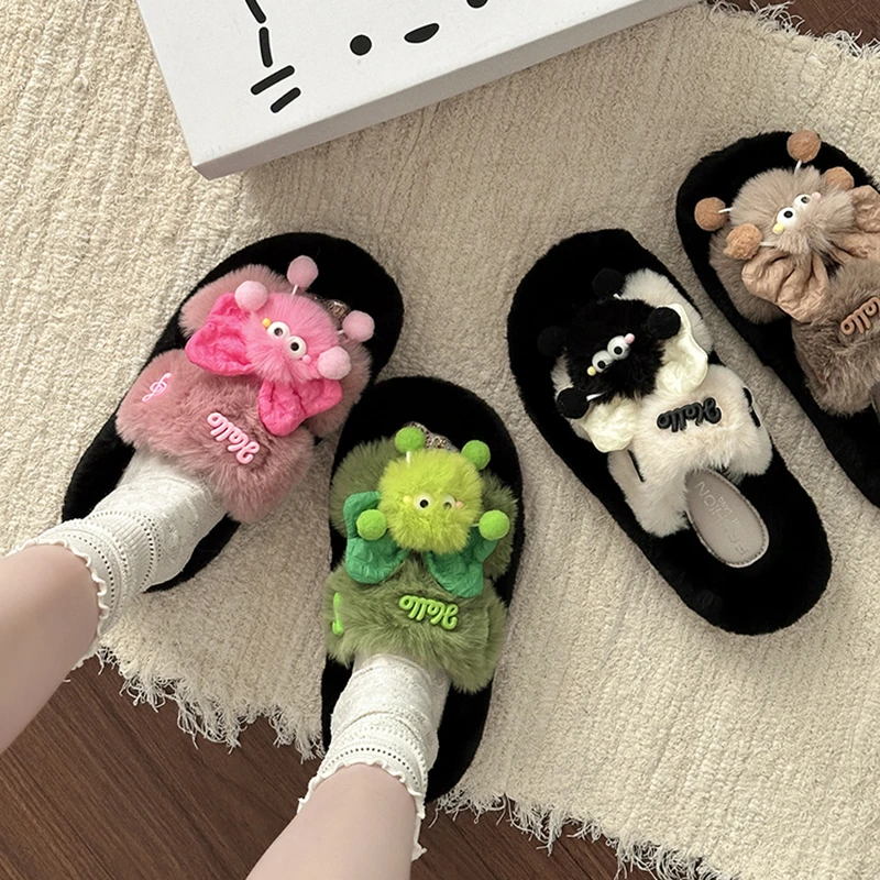 可爱卡通毛绒小熊毛毛外穿拖鞋女2025秋季新款百搭厚底一字拖