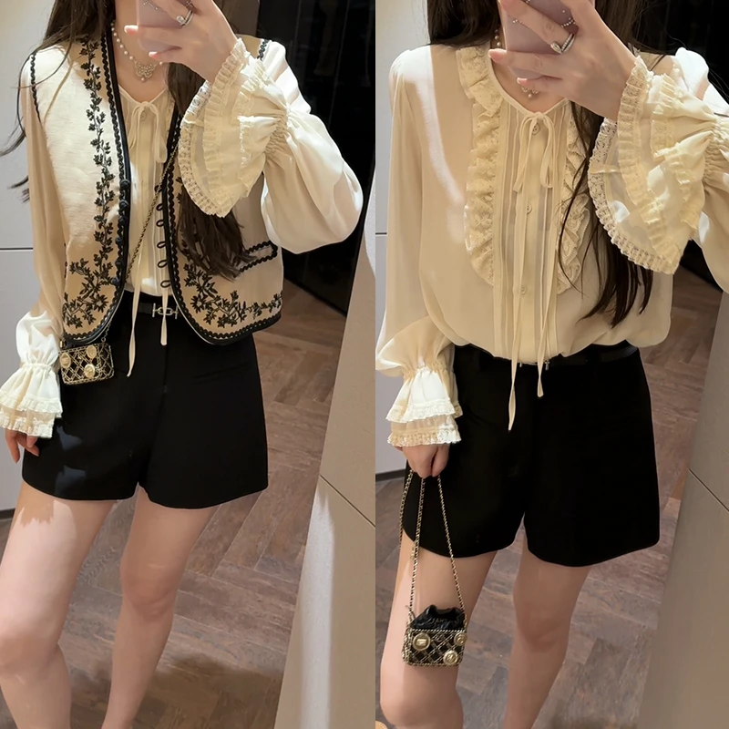 【mimius】&喵喵 宫廷风荷叶边衬衫+重工刺绣马甲 G03047