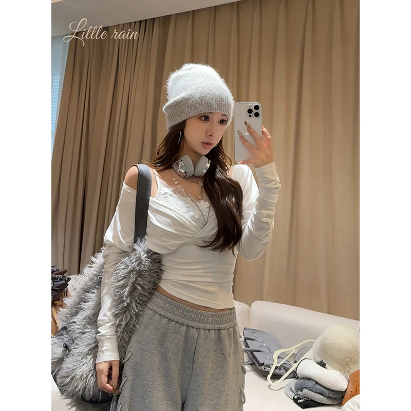 小雨姐姐【洛河花舞】时尚纯欲风V领蕾丝拼接吊带背心上衣两件套装