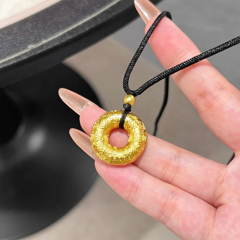 铜合金项链 百福平安扣素圈项链女黑色编织绳圆环长链百搭饰品