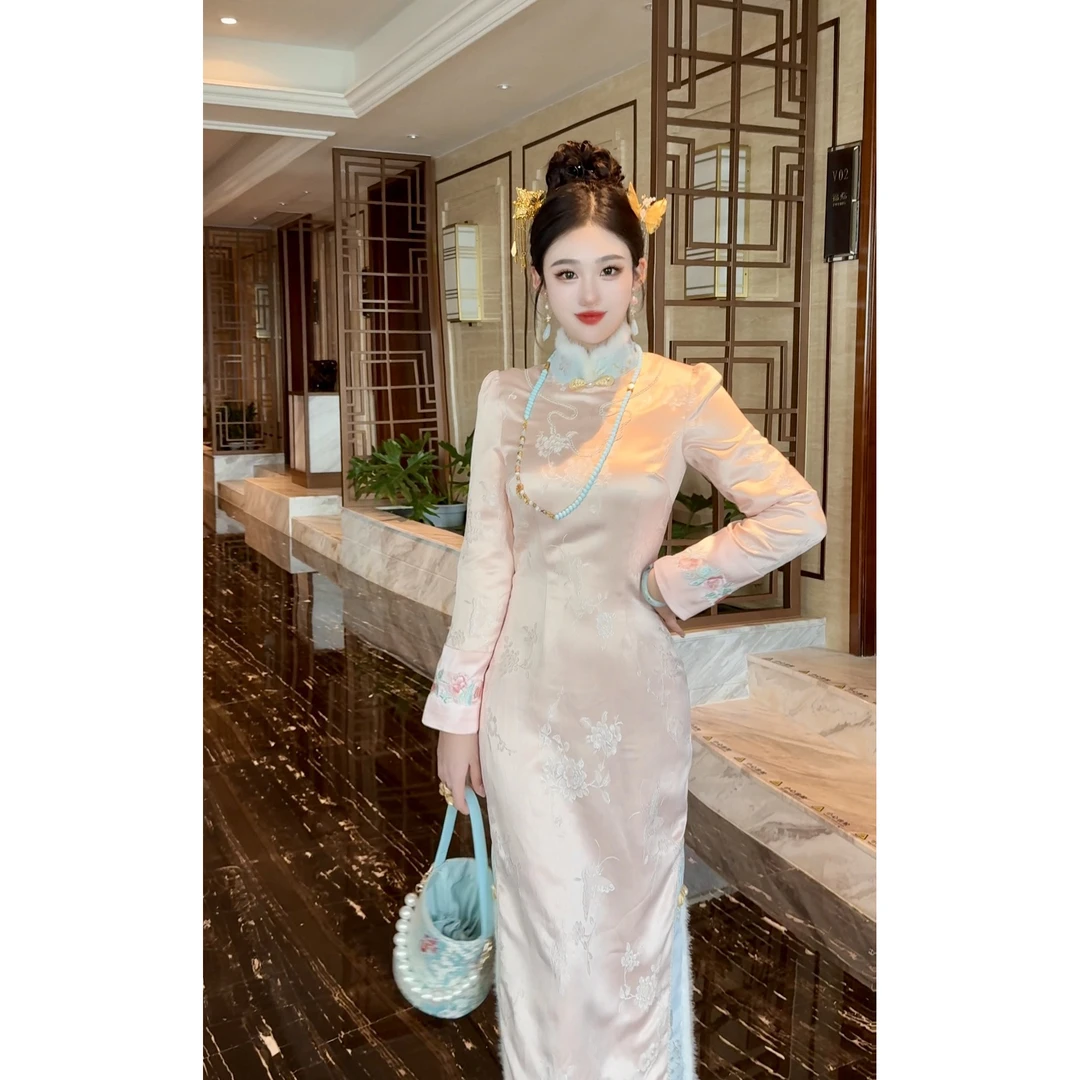 【媛珠 冬日吉祥】重工新中式贵气提花吉祥锁旗袍秋冬长款中国风