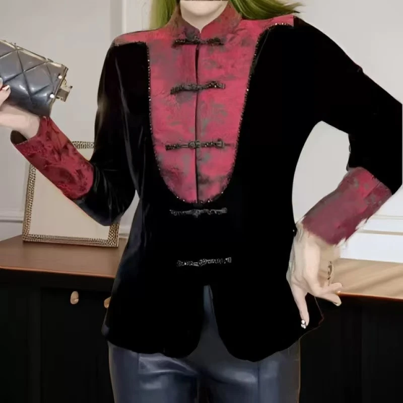 恒鑫安新中式国风提花拼接丝绒盘扣开衫-093