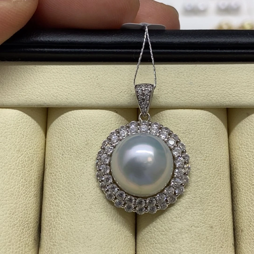 颈饰银S925镶嵌海水珍珠澳白吊坠13m m