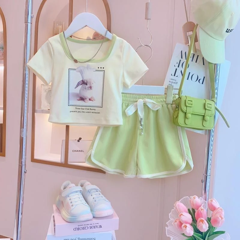 女童两件套夏装2025新款女大童拼色短袖印花上衣休闲宽松短裤套装
