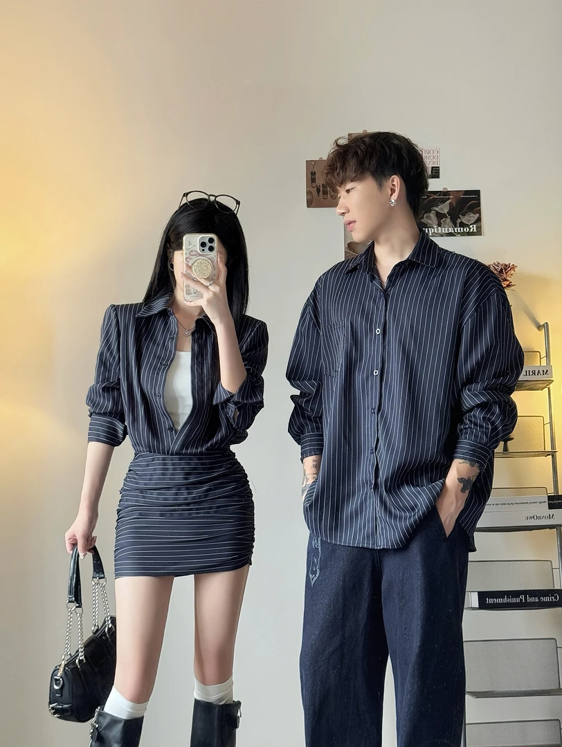 情侣装条纹秋季长袖秋冬拼接衬衫连衣裙设计感休闲男衬衫潮