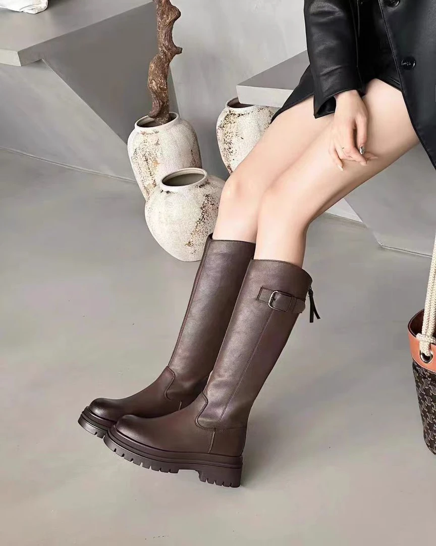 皮带扣厚底粗跟长靴女加绒简约不过膝潮酷小个子舒适骑士靴90-12S
