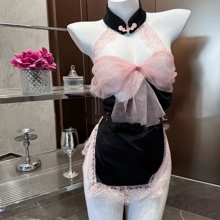 礼物系列立体感丝带蝴蝶结绑带挂脖蕾丝拼接连衣裙