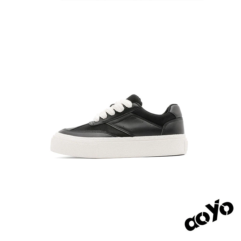 aoyo 秋季新款皮质板鞋 百搭男鞋黑色低帮运动美式厚底增高休闲鞋