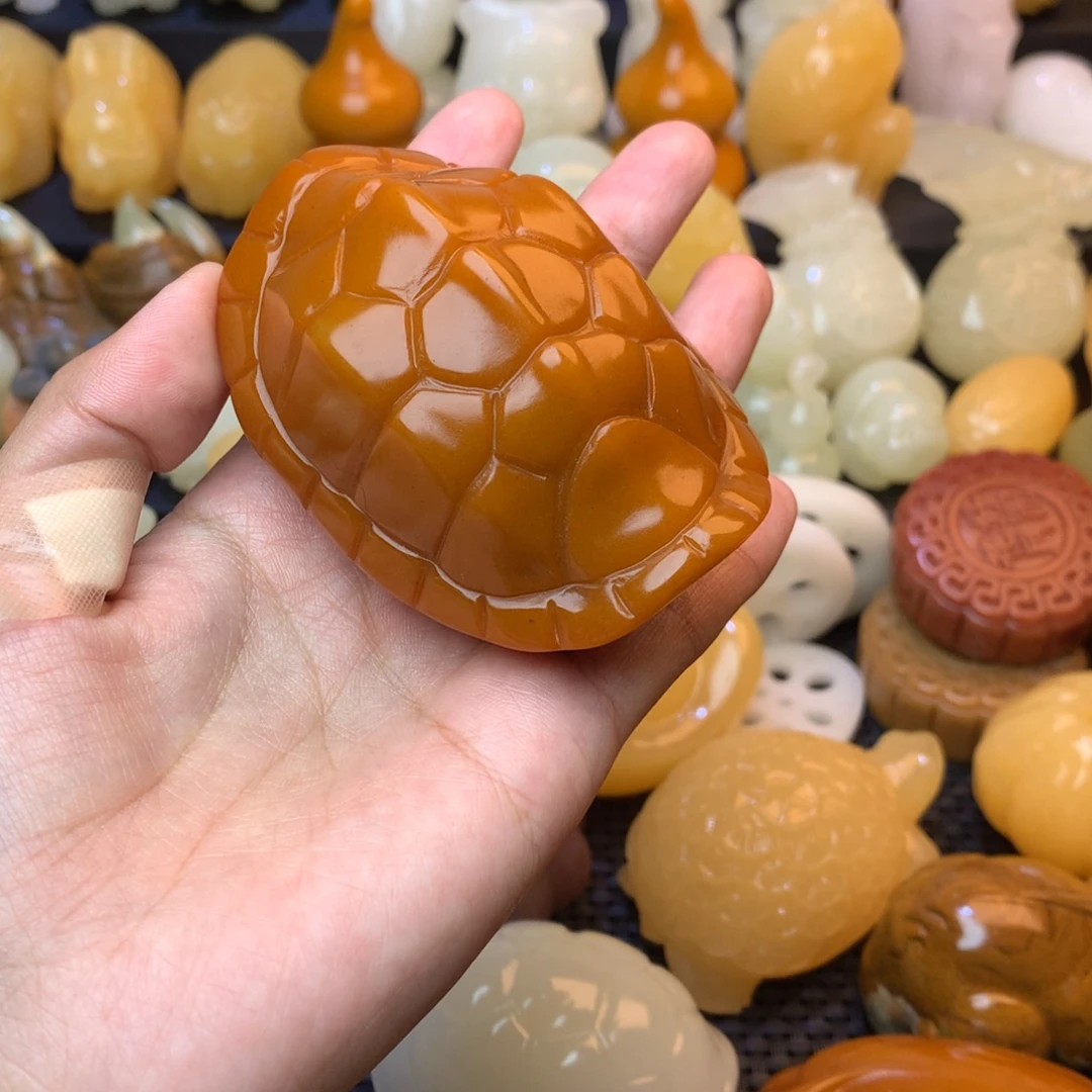 @***子五彩石手把件黄色龟甲