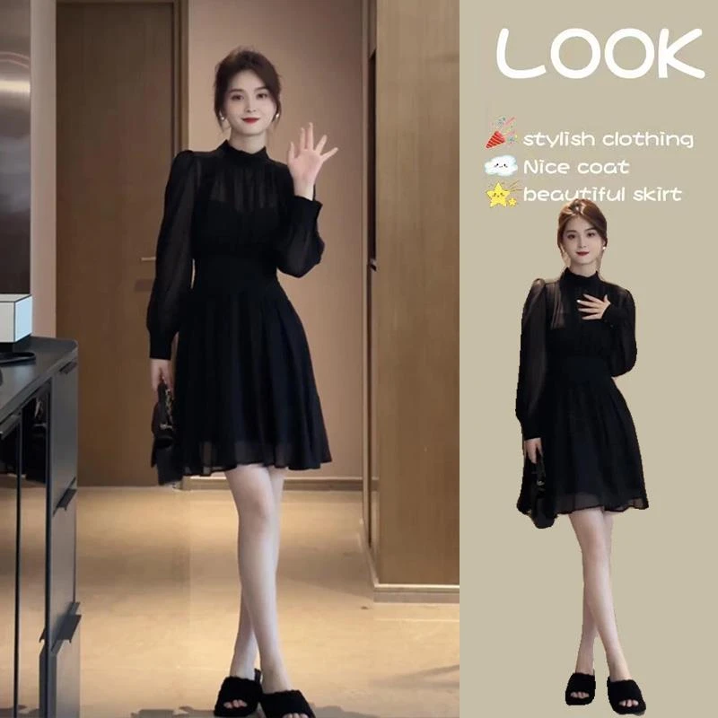 2025秋季新款黑色连衣裙赫本风长袖气质高级感秋装雪纺裙子女装