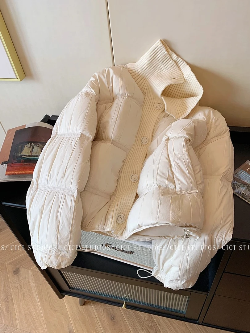 老钱风针织拼接翻领羽绒服女2025冬季新款保暖慵懒风小个子短外套