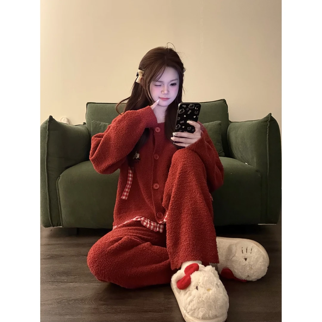甜美中国红卡通米奇针织半边绒睡衣女秋冬新款加厚保暖家居服套装