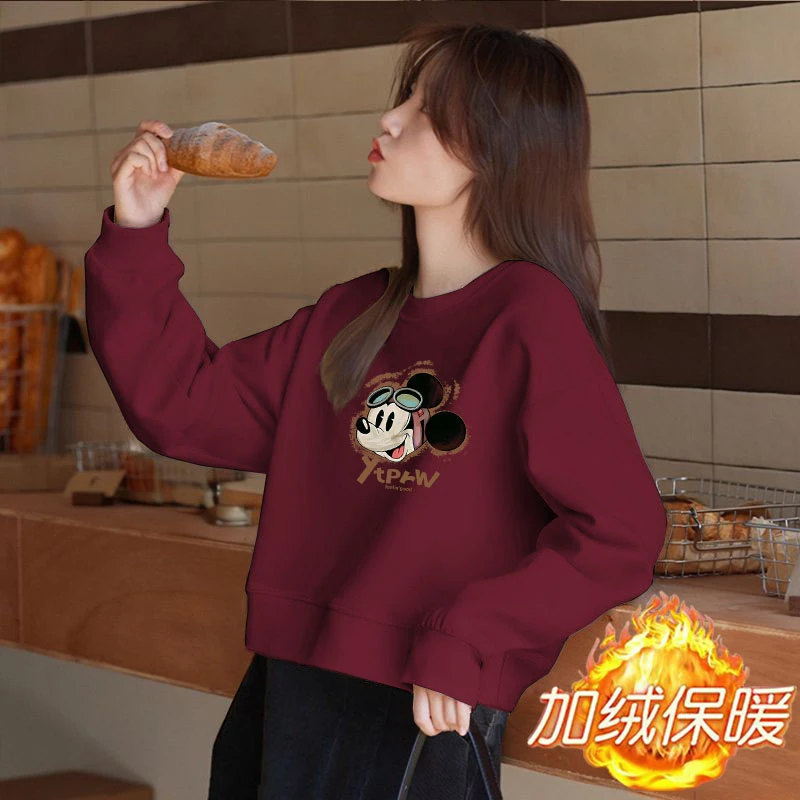 华棉秋冬新款短款卫衣小个子设计感洋气印花圆领时尚外套女士百搭