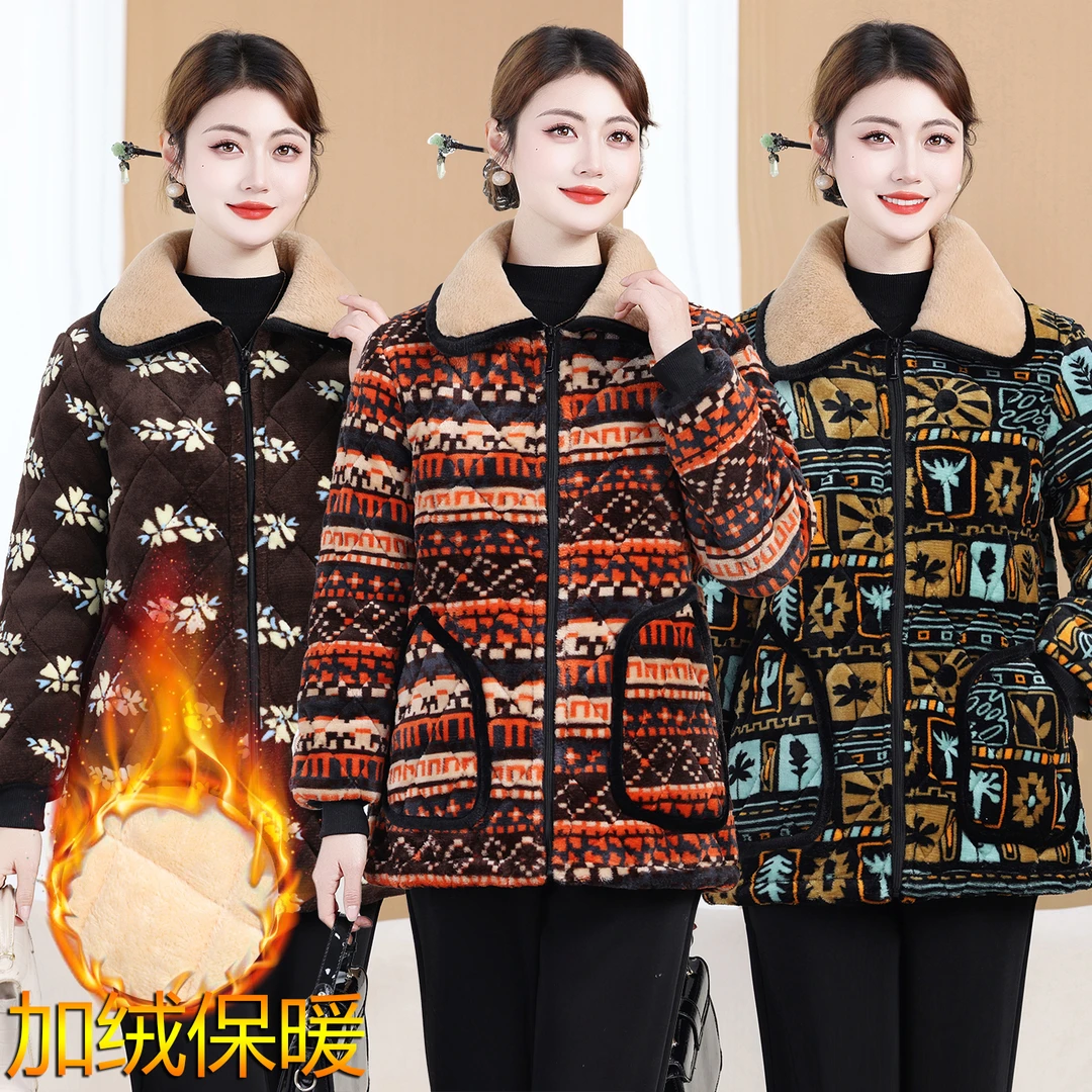 女士加绒加厚中长款罩衣棉衣妈妈冬季拉链款时尚减龄保暖棉服外套