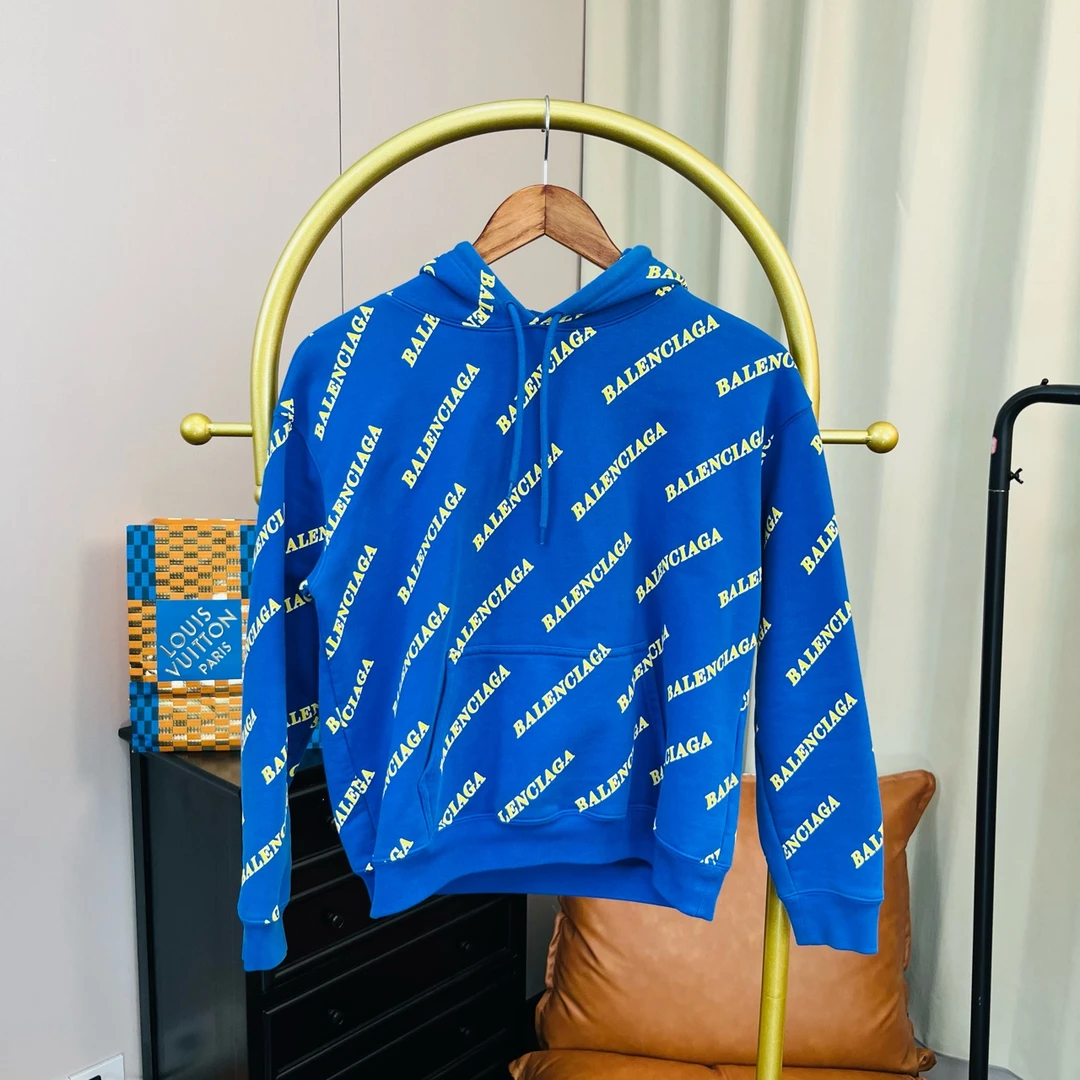 99新 Balenciaga/巴黎世家 梅芙 蓝色弹幕满印帽衫 M码