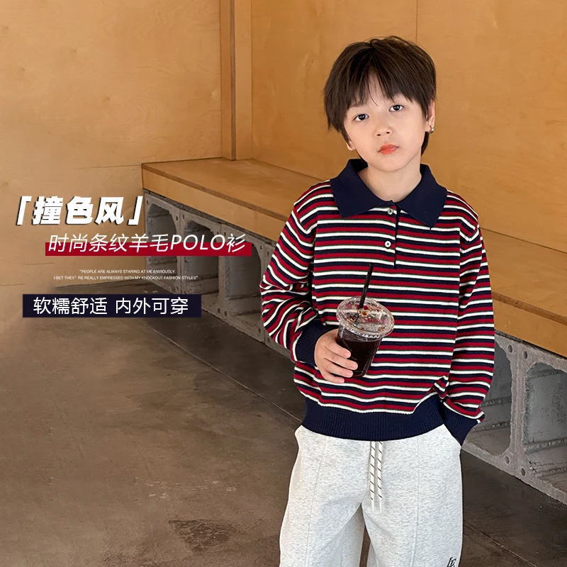 WQ5035秋撞色POLO针织衫男女童羊毛混纺条纹翻领毛衣潮