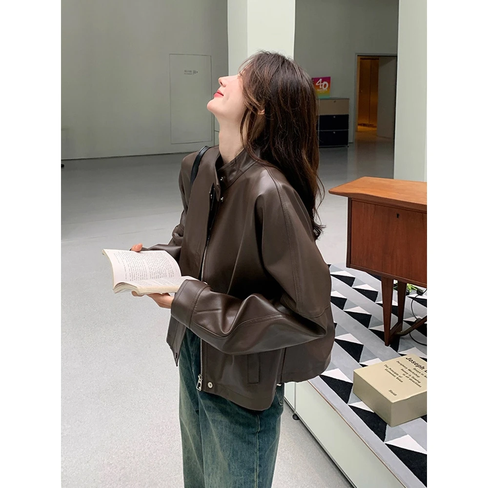 潮流衣装~咖色小皮衣外套女2025秋季新款高级感炸街机车服夹克