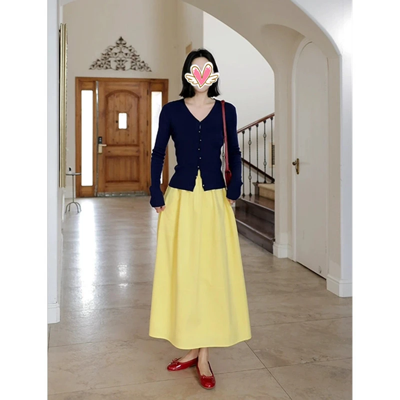 黄色温柔风百褶半身裙女春夏2025新款高腰显瘦a字长裙小个子伞裙