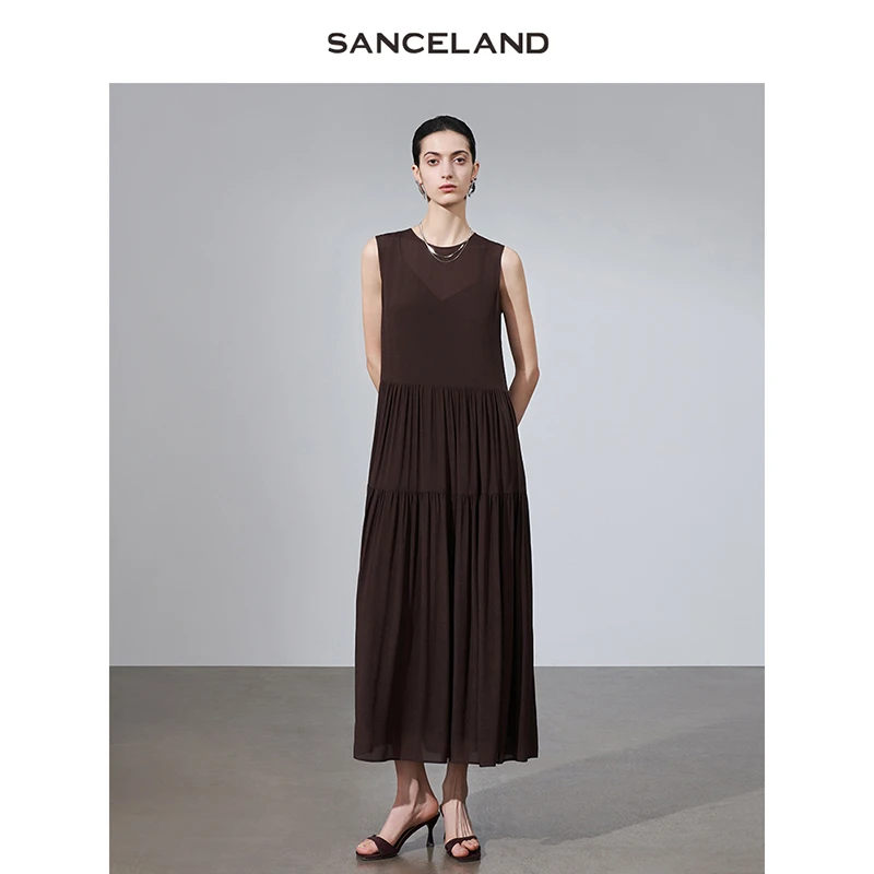SANCELAND三石一澜25夏桑蚕丝圆领无袖连衣裙简约宽松SJ24104160