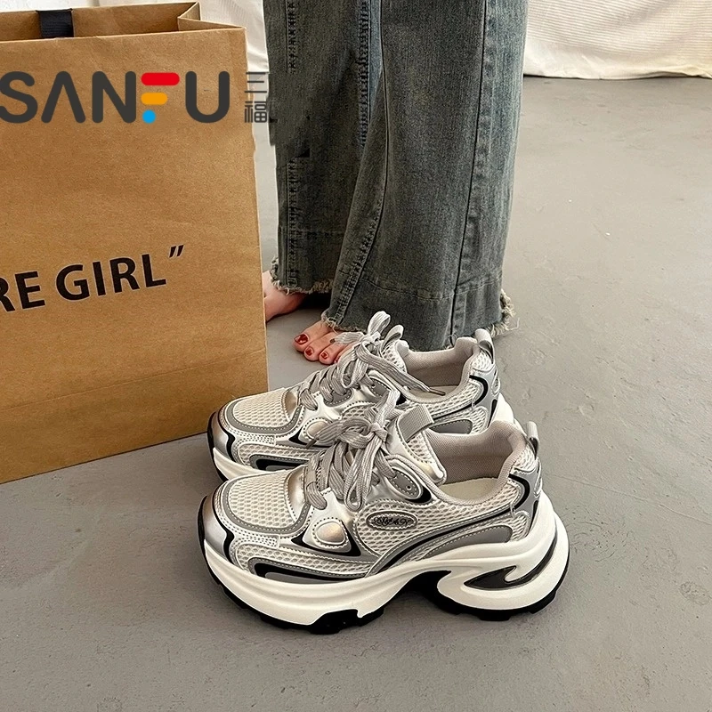 三福爆款百搭厚底老爹鞋女春秋小个子增高2025新款超火运动休闲鞋