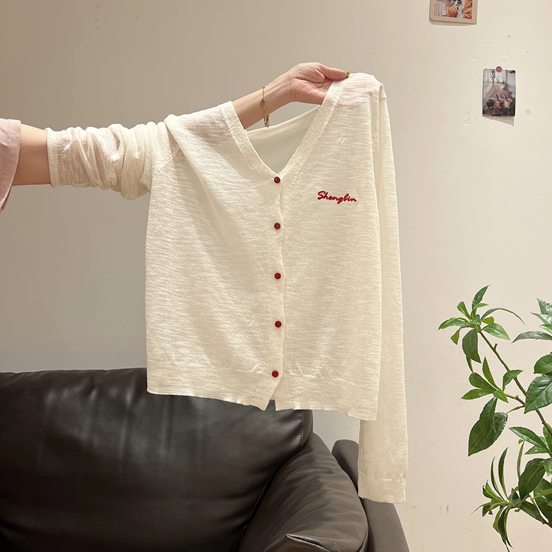 夏珍白色薄款针织防晒开衫女夏季吊带外搭微透宽松短外套罩衫上衣