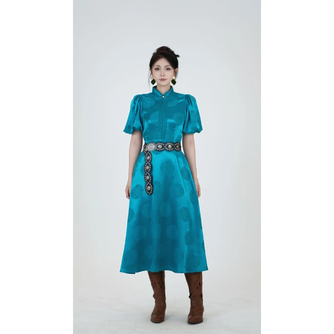 【卓日雅】3310民族风灯笼袖中国式蒙古族民族风连衣裙夏季收腰修身