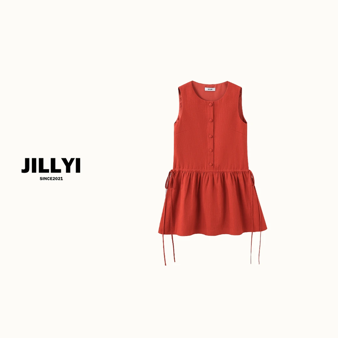 JILLYI珠海店【热情夏日】红色圆领两侧蝴蝶结绑带时尚小众连衣裙