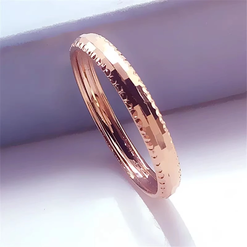 福福金楼585紫金镜面镭射指环时尚精致气质14K玫瑰金指环情侣