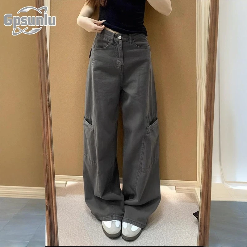 gpsunlu美式工装阔腿裤女夏季新款大码胖妹妹显瘦高腰宽松牛仔裤