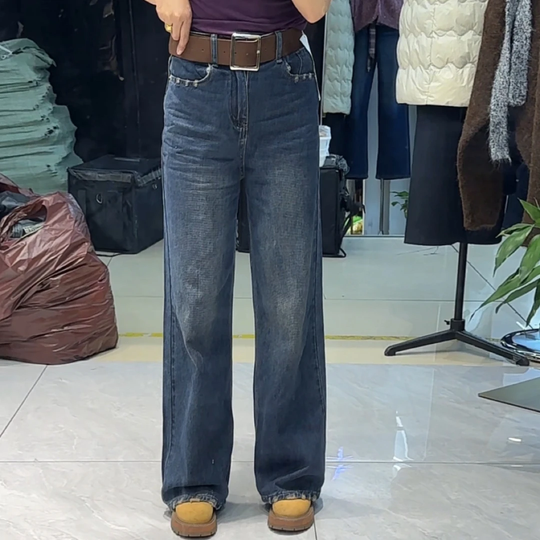 美式复古做旧高腰显瘦宽松垂感直筒阔腿牛仔裤女