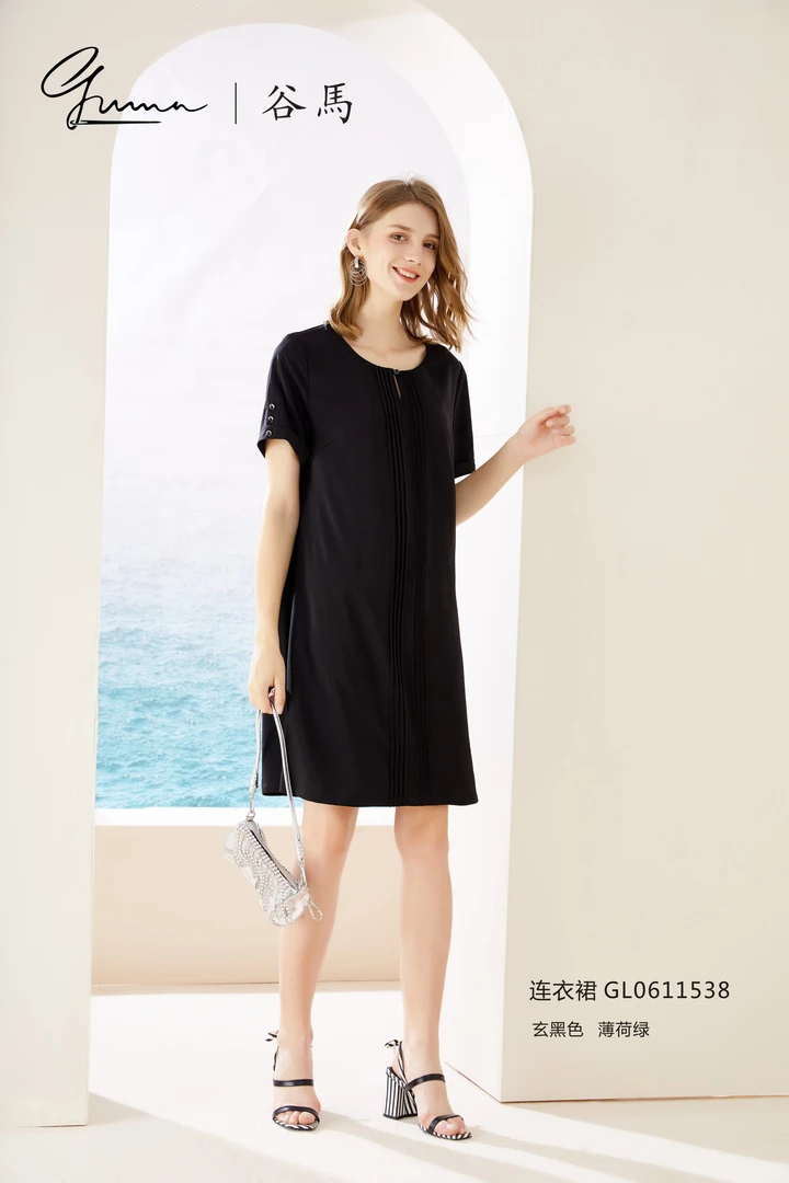 谷马连衣裙通勤时尚长裙短袖显瘦芭比风夏季中长裙1538