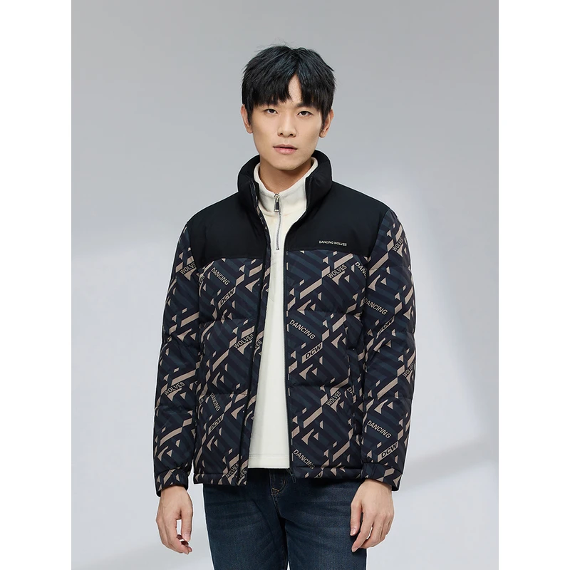 保暖外套秋冬防风男装印花休闲宽松印花男士羽绒服立领潮流加厚