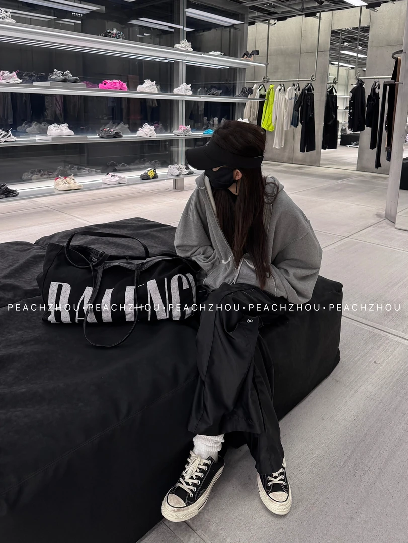 『PEACHZHOU』破坏巴黎风黑标毛圈宽松连帽外套休闲中性拉链卫衣