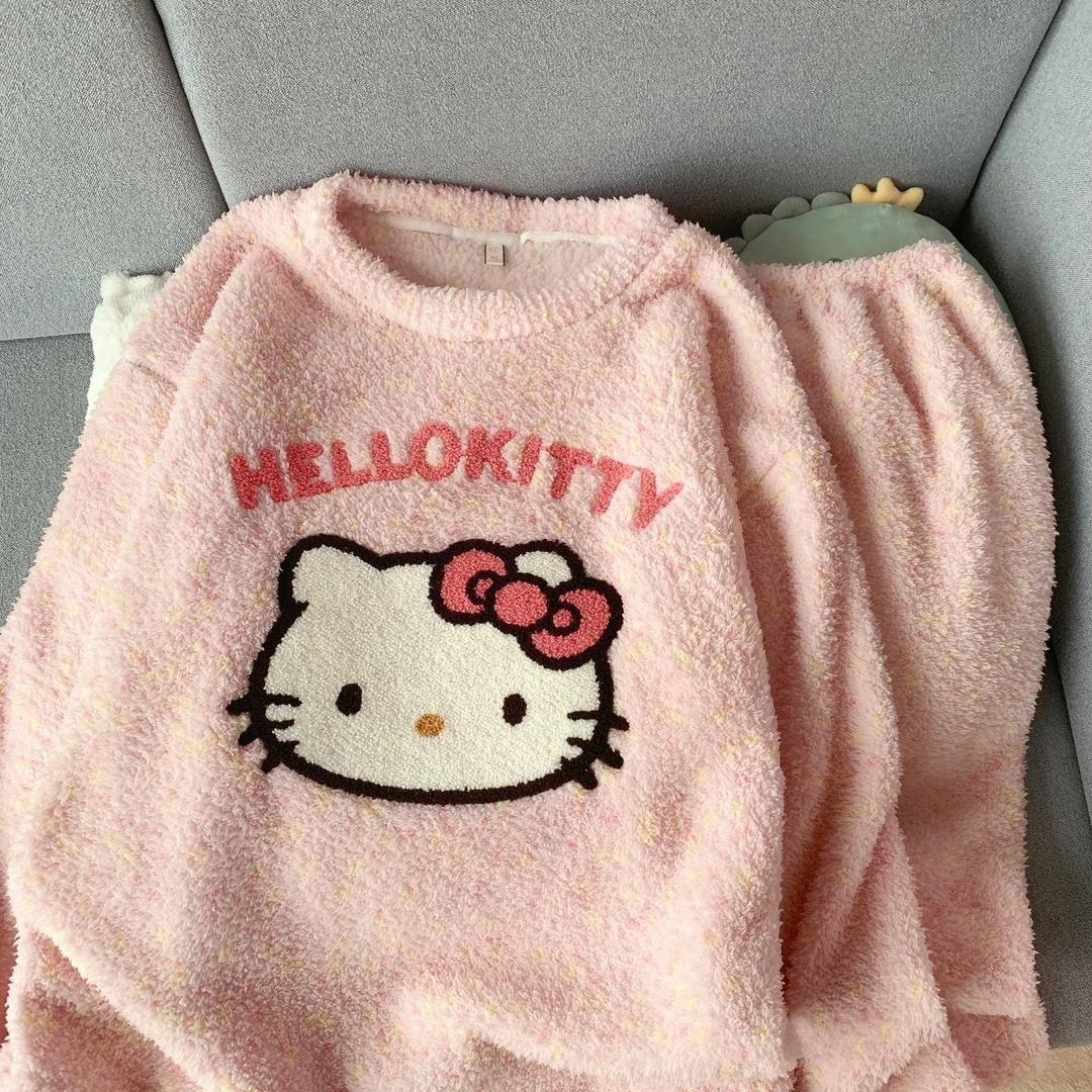 日系卡通ins风可爱KT猫睡衣女2024新款冬季加厚半边绒家居服套装