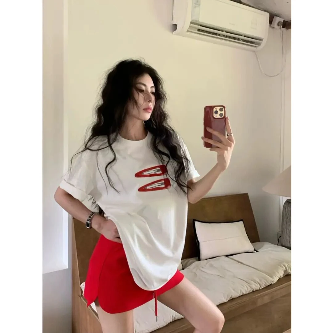 设计感印花白色短袖T恤女装夏季韩系chic休闲宽松纯欲风小众上衣