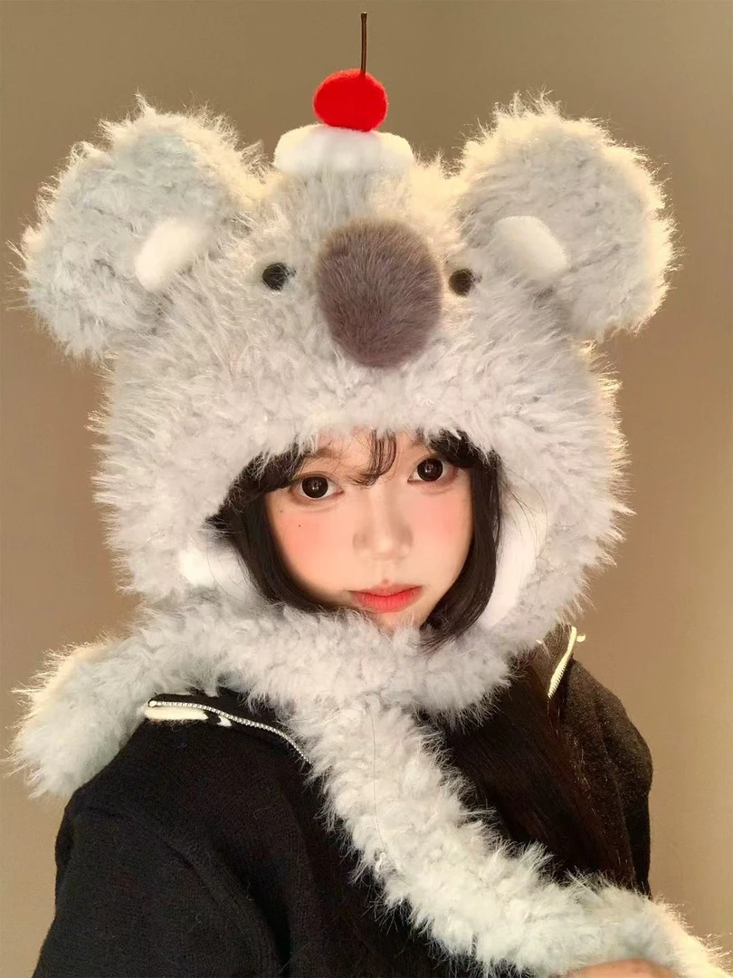 可爱蛋糕考拉毛绒帽女秋冬季显脸小加厚加绒保暖防寒帽子女秋冬