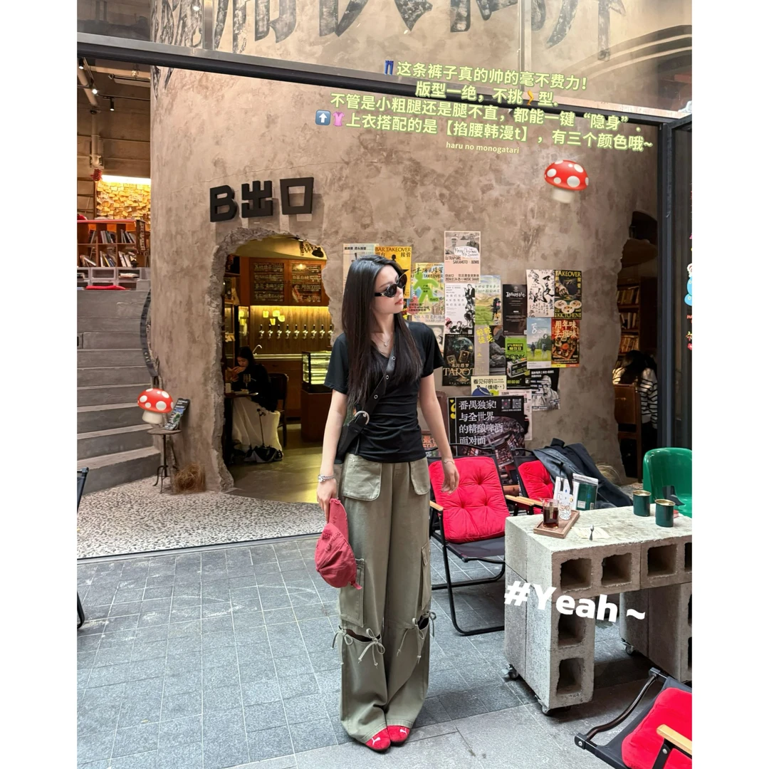 48h【系带工装裤】加长镂空系带阔腿韩版多口袋直筒休闲工装裤SU195