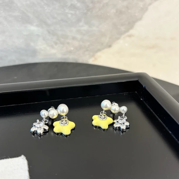 铜合金合成锆石耳饰 铜合金仿珍珠耳饰 黄星星笑脸耳环EH3337