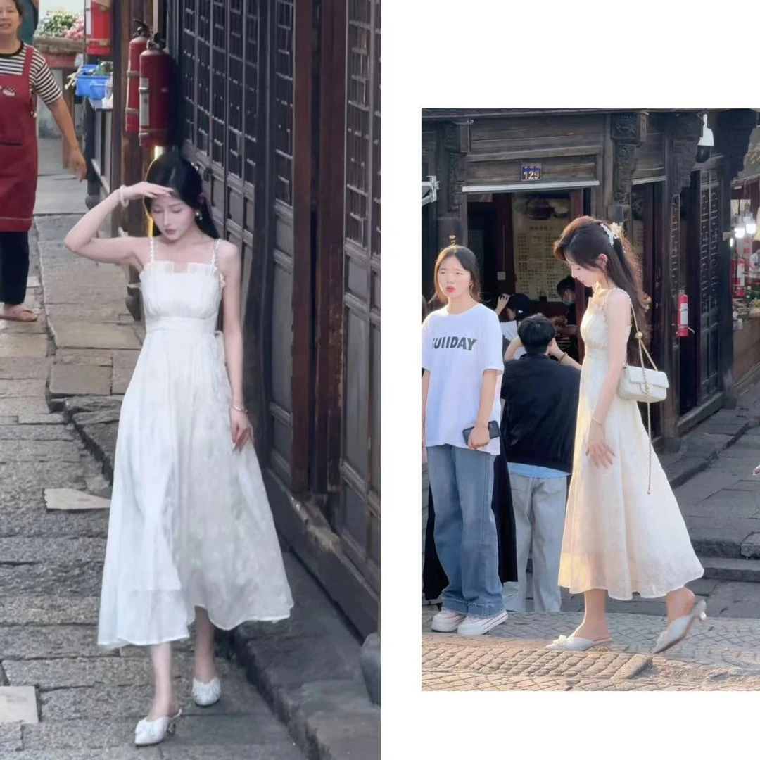 【婷婷】《一眼万年》满绣花 奶油超仙手工褶皱吊带长裙 2FTX177