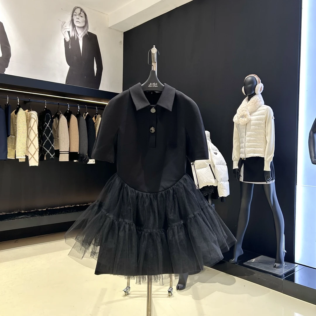 JISI 磨坊舞会拼接网纱半袖连衣裙-L24003