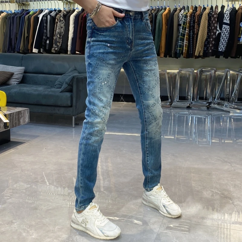 【也许家】新品男士秋冬欧货修身烫钻弹力小脚时尚牛仔裤BB76116