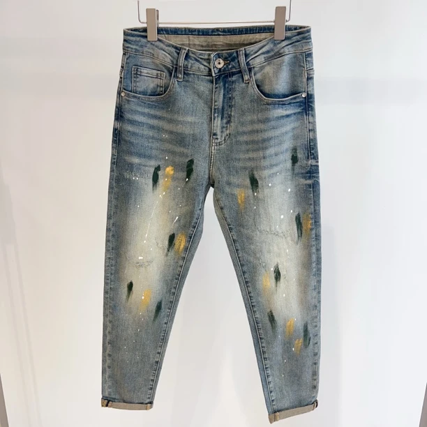 手绘破洞男长裤小脚裤泼墨铅笔裤牛仔裤夏季潮流直筒沙丘废土风