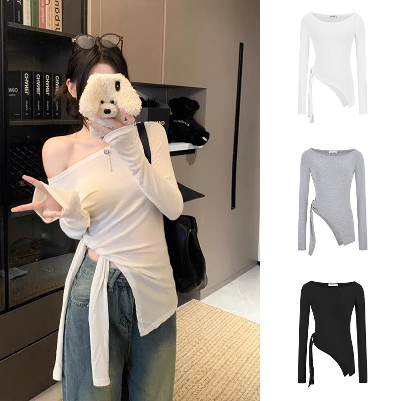 Moses Queen/魔西女王一字领开叉长袖不规则绑带收腰显瘦百搭上衣